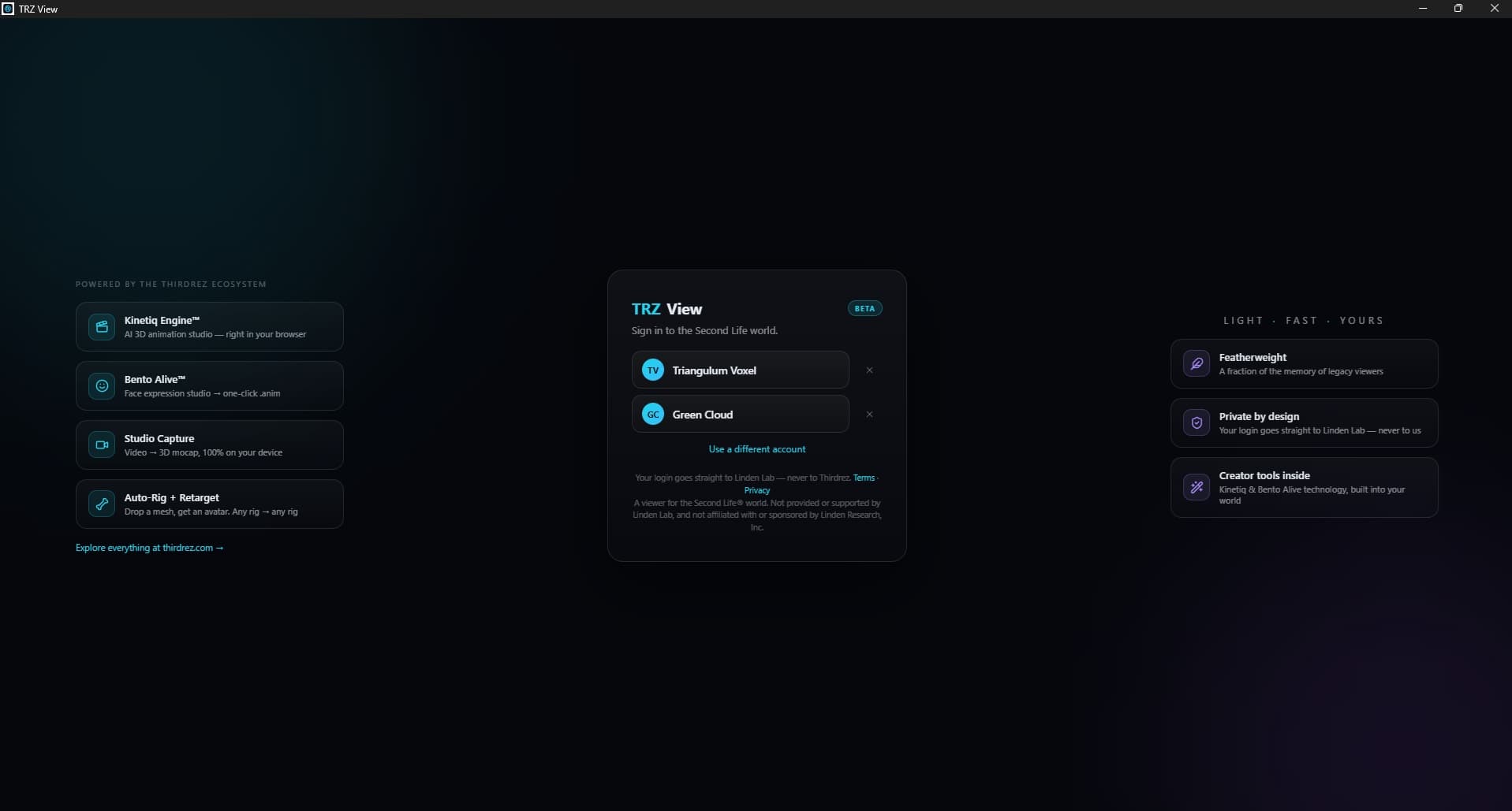 TRZ View desktop app — the login screen showing the Thirdrez ecosystem rails (Kinetiq Engine, Bento Alive, Studio Capture, Auto-Rig), a multi-account sign-in card, and the Light · Fast · Yours pillars