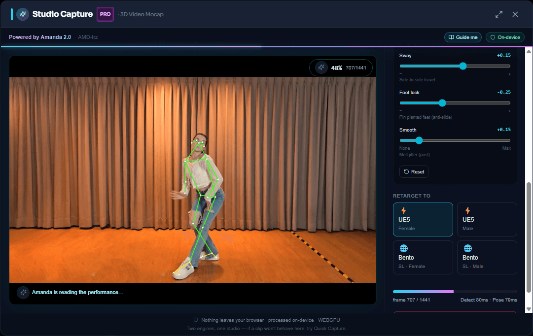 Studio Capture (Amanda 2.0) mid-capture — a live body skeleton tracks a dancer, a progress chip reads 48%, and the right rail shows the Fine-tune sliders (Sway, Foot lock, Smooth)
