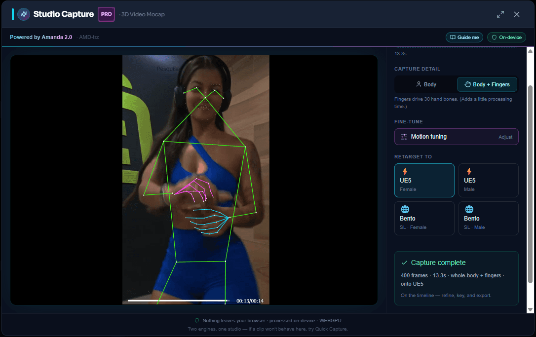 Studio Capture (Amanda 2.0) capturing a dance clip — a live green body skeleton plus cyan and magenta finger skeletons tracking both hands, a Body + Fingers toggle, and a "Capture complete — whole-body + fingers" panel