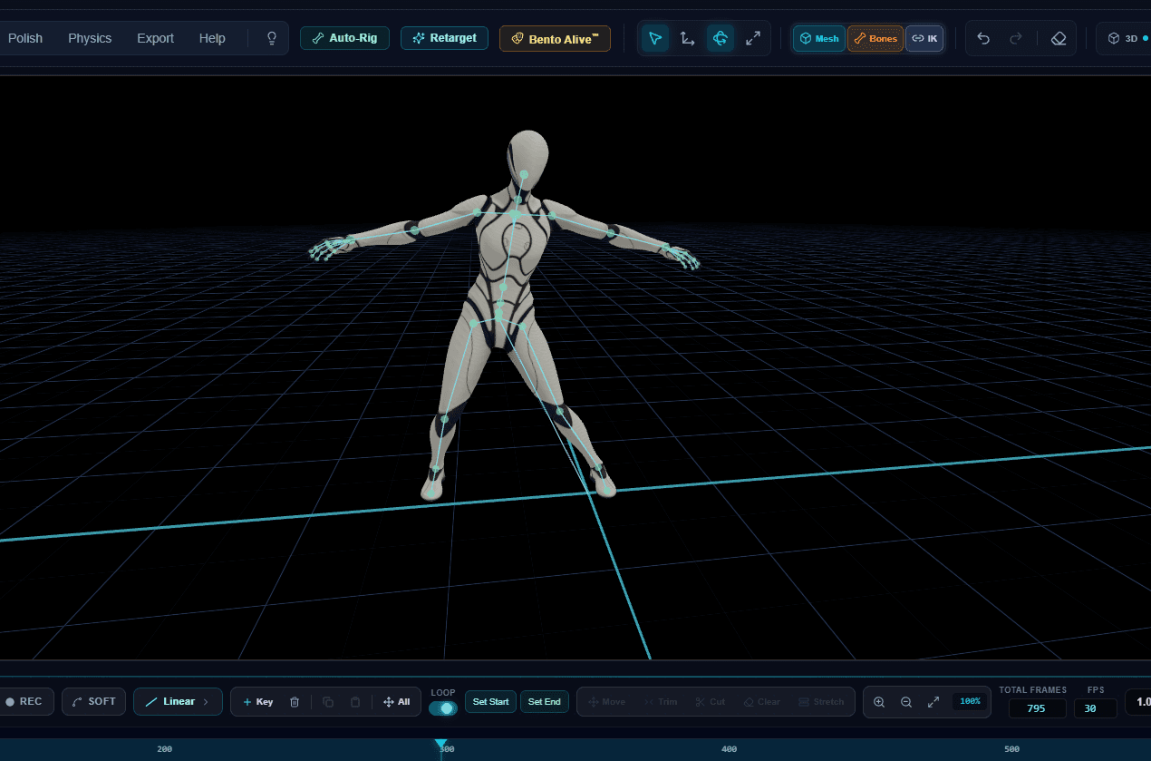 Kinetiq Engine editor — a UE5 mannequin avatar in a wide dance pose with its skeleton visible on the grid, a 795-frame timeline below, and Polish / Physics / Export / Auto-Rig / Retarget tools in the top bar