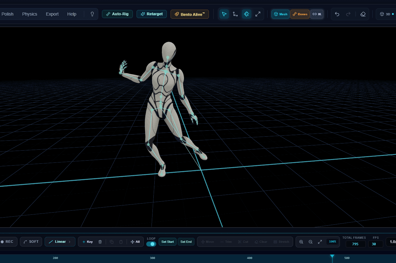 Kinetiq Engine editor — the same avatar in a dynamic mid-dance pose, skeleton visible, on a 795-frame timeline with the full Polish and Physics toolset