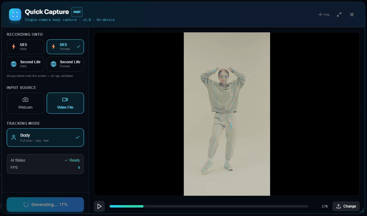 Kinetiq Engine Quick Capture modal capturing a full-body dance video — a cyan body skeleton tracks the dancer; the panel shows Recording Onto avatars (UE5, Second Life), Input Source set to Video File, and Tracking Mode set to Body, all on-device