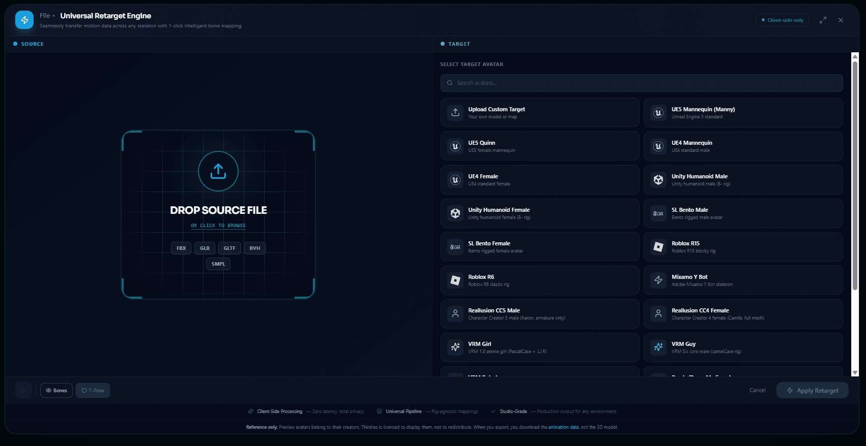 Retarget Studio — bone-to-bone mapping with confidence scoring