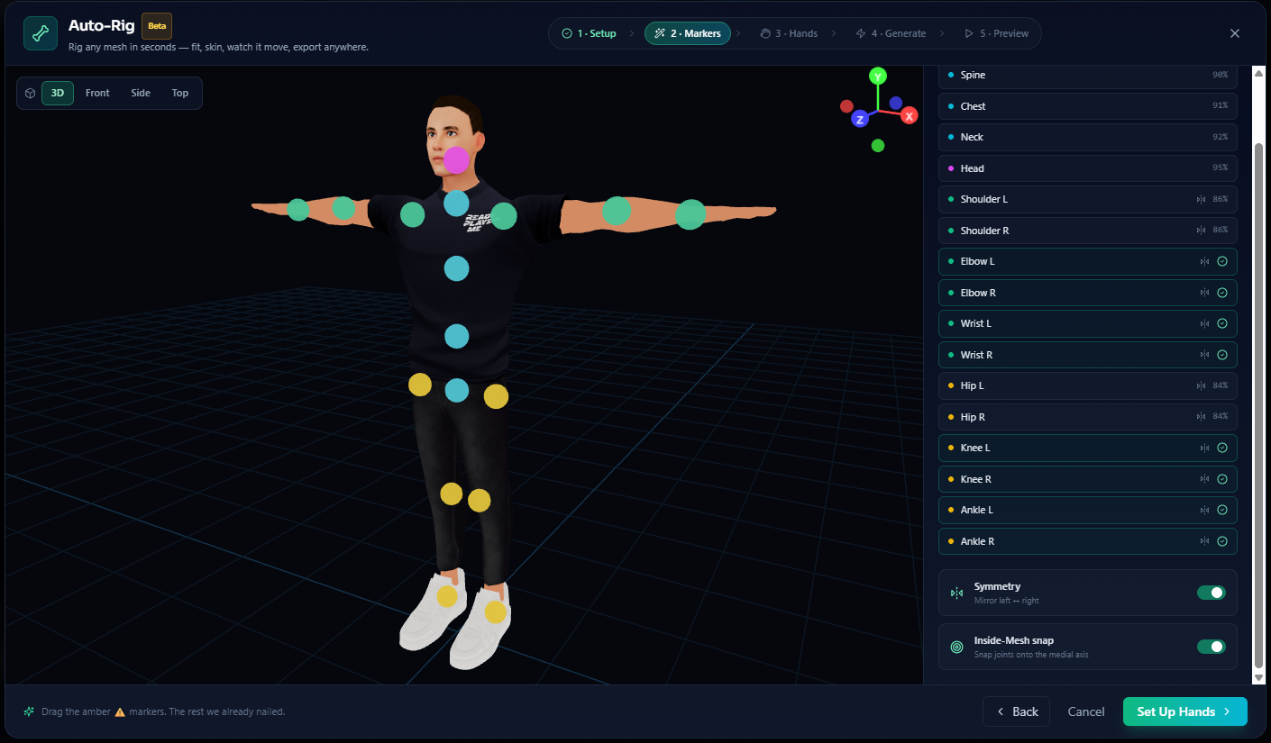 Auto-Rig markers step in Kinetiq Engine — a T-pose character with auto-detected colored joint markers placed across the skeleton