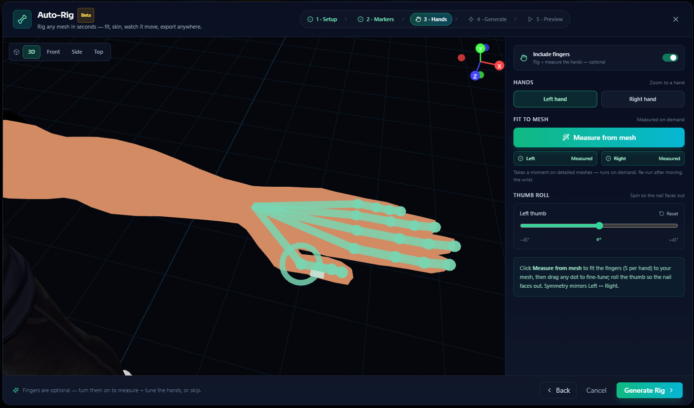 Auto-Rig hands step — finger rig with a thumb-roll dial and a Measure from mesh button for fitting joints to the real geometry