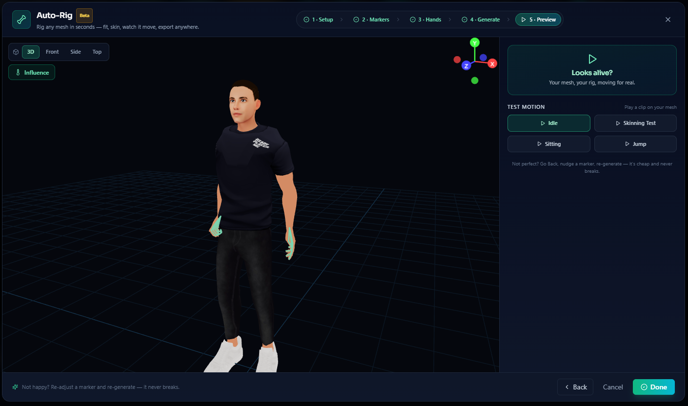 Auto-Rig motion preview — the textured character with a Test Motion panel offering Idle, Walk, Sit, and Jump to validate the rig
