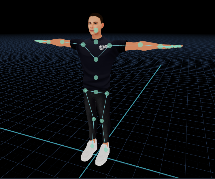 The freshly rigged avatar landed in the Kinetiq editor, standing textured and animation-ready on the grid