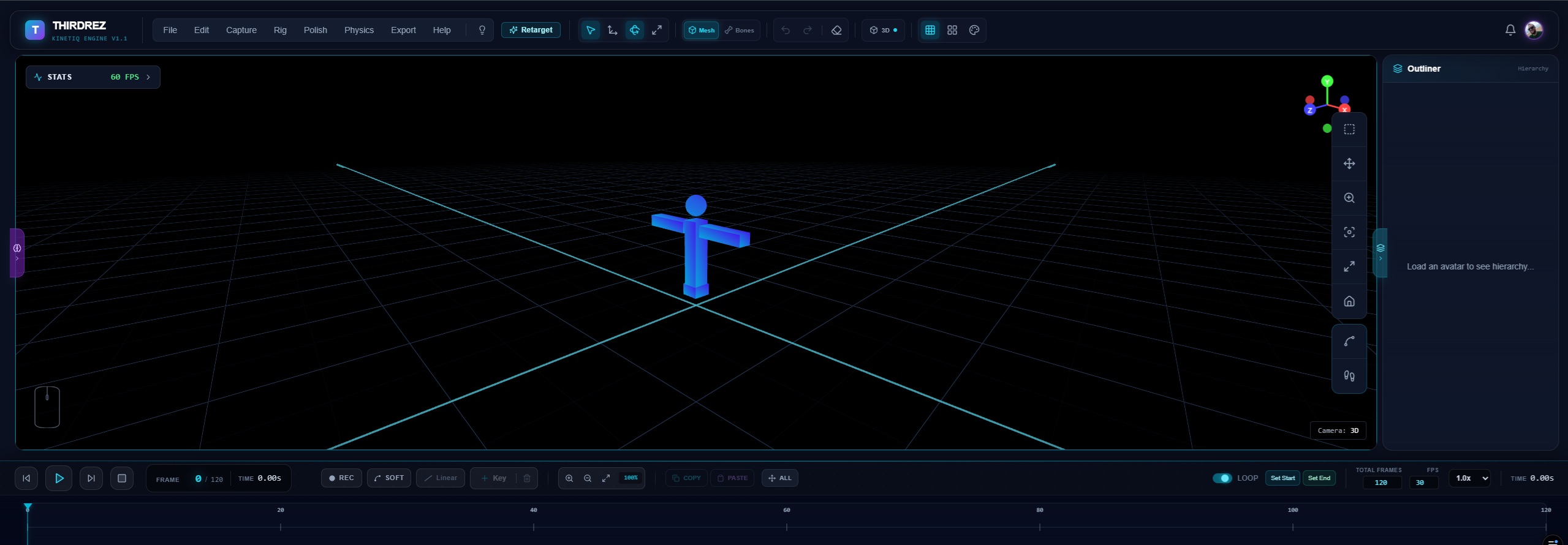 The full Kinetiq Engine editor — the ecosystem hub for animating, refining, retargeting, and exporting your rigged character