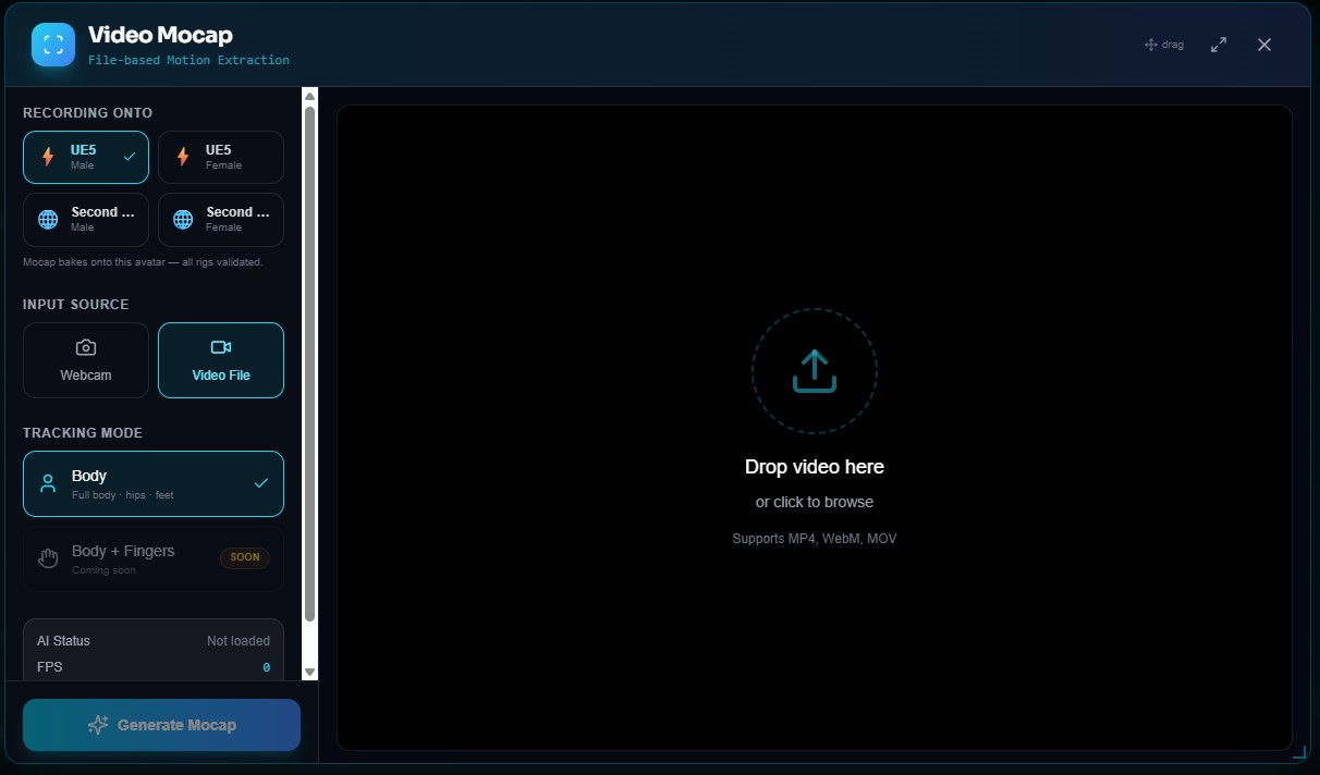 The Kinetiq video and webcam mocap modal — Vision Capture turning camera input into live character motion in the browser