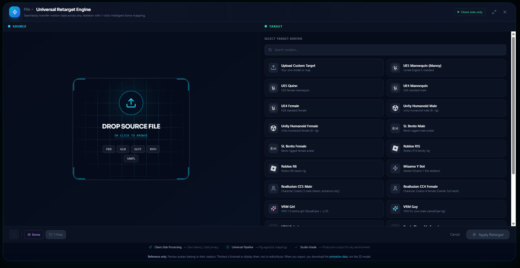 The Kinetiq Retarget Studio — a split-screen view baking a source animation clip onto your rigged character