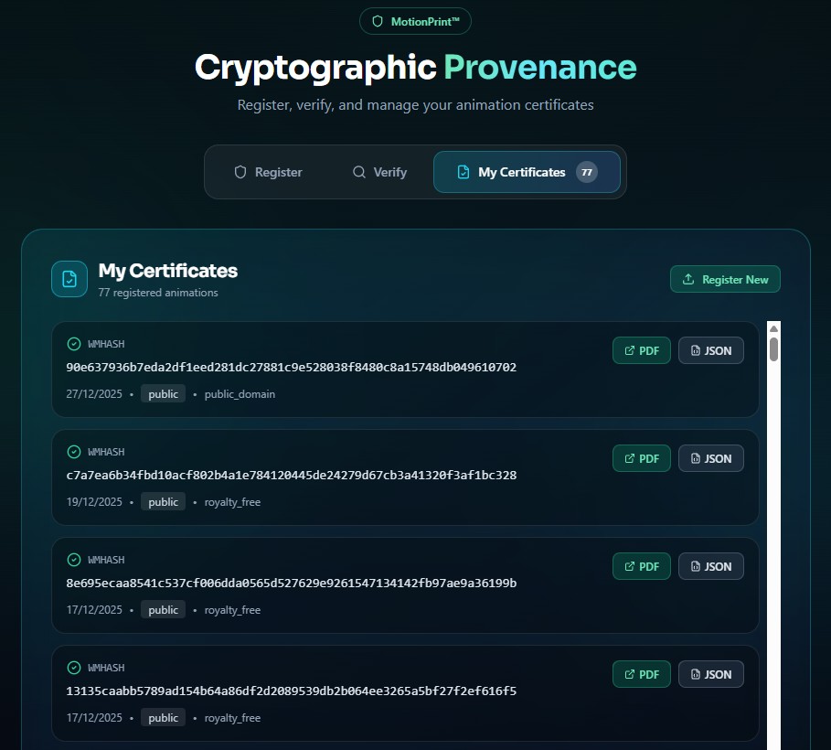 My Certificates Dashboard - View and manage all your registered MotionPrint certificates