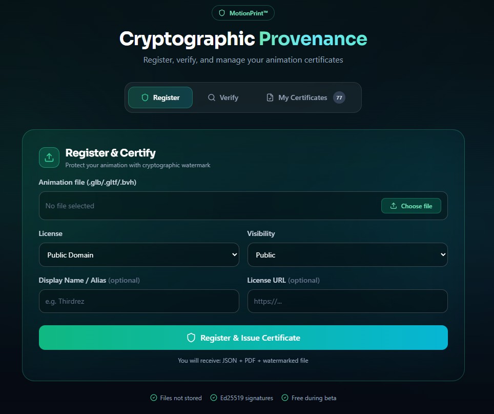 MotionPrint Registration Interface - Register your animations with cryptographic signatures