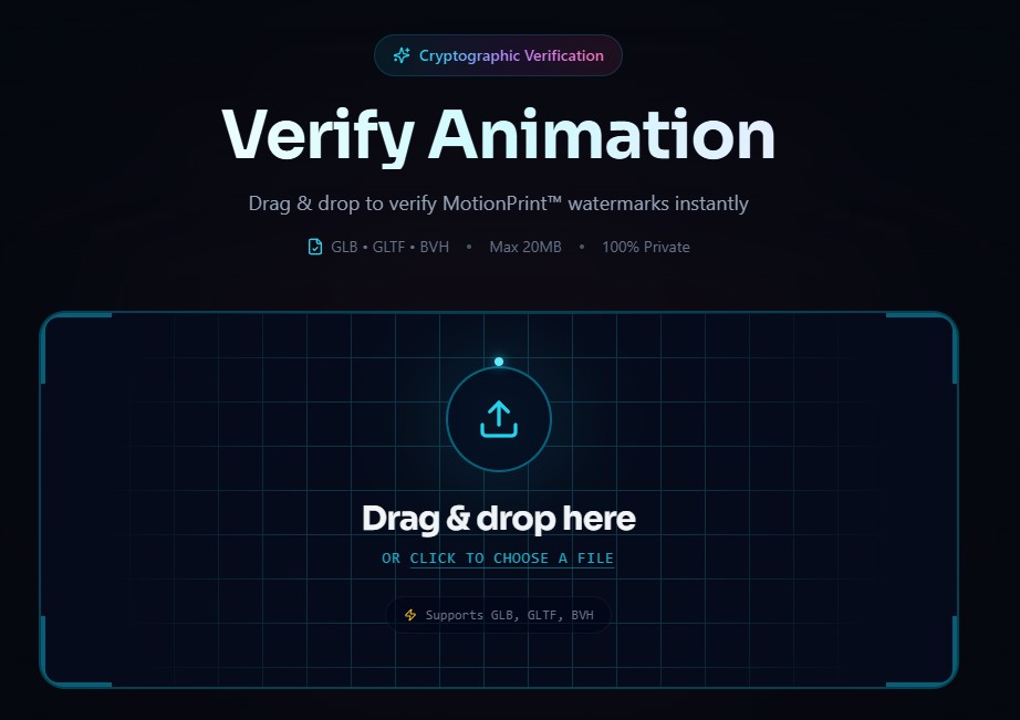 MotionPrint Verify Interface - Drag and drop your animation files to verify watermarks